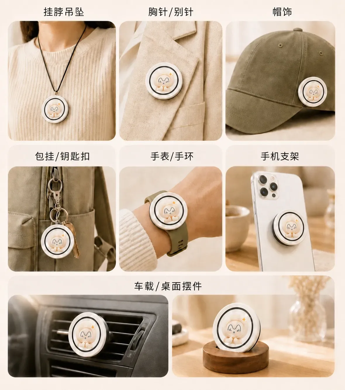 DayoTag 作为挂脖吊坠、胸针、帽饰、包挂、手表、手机支架和车载或桌面摆件的多种使用方式