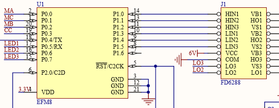 mcu(efm8bb21f16g)   频率48mhz           mos驱动芯片  fd6288*